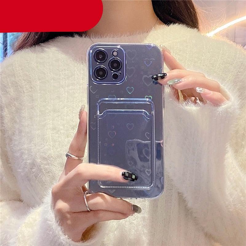 Coque transparente holographique mignonne avec motif cœur et porte-cartes, coque souple transparente à dégradé d'amour pour iPhone 14 13 11 12 Pro Max Mini X XS XR 7 8 Plus, étui portefeuille avec porte-cartes