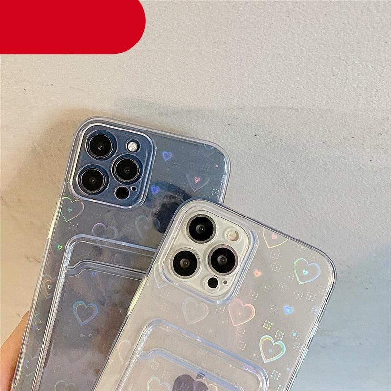 Coque transparente holographique mignonne avec motif cœur et porte-cartes, coque souple transparente à dégradé d'amour pour iPhone 14 13 11 12 Pro Max Mini X XS XR 7 8 Plus, étui portefeuille avec porte-cartes