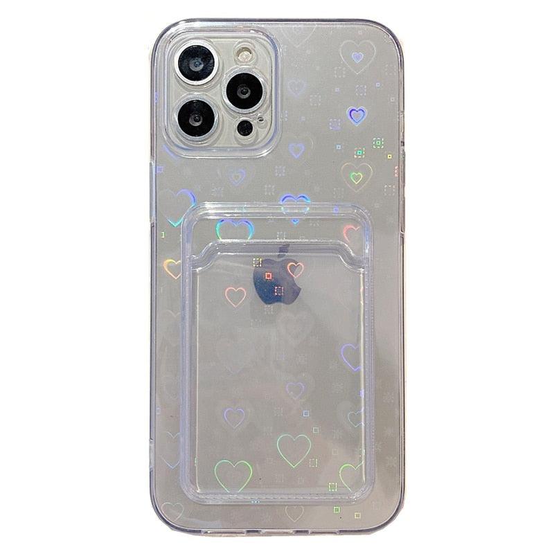 Coque transparente holographique mignonne avec motif cœur et porte-cartes, coque souple transparente à dégradé d'amour pour iPhone 14 13 11 12 Pro Max Mini X XS XR 7 8 Plus, étui portefeuille avec porte-cartes