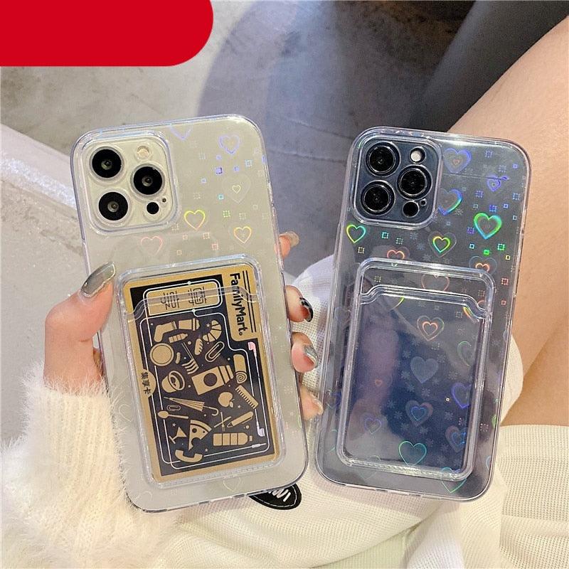 Coque transparente holographique mignonne avec motif cœur et porte-cartes, coque souple transparente à dégradé d'amour pour iPhone 14 13 11 12 Pro Max Mini X XS XR 7 8 Plus, étui portefeuille avec porte-cartes