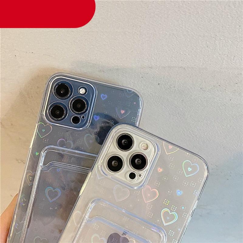Coque transparente holographique mignonne avec motif cœur et porte-cartes, coque souple transparente à dégradé d'amour pour iPhone 14 13 11 12 Pro Max Mini X XS XR 7 8 Plus, étui portefeuille avec porte-cartes