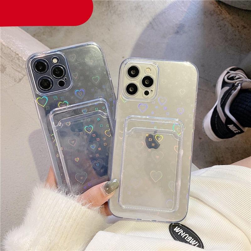 Coque transparente holographique mignonne avec motif cœur et porte-cartes, coque souple transparente à dégradé d'amour pour iPhone 14 13 11 12 Pro Max Mini X XS XR 7 8 Plus, étui portefeuille avec porte-cartes