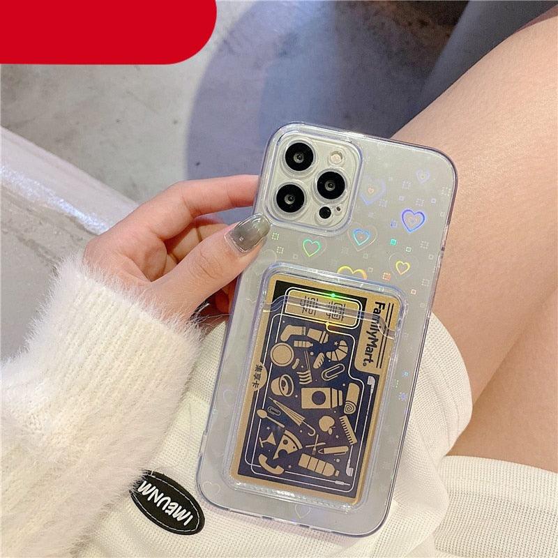 Coque transparente holographique mignonne avec motif cœur et porte-cartes, coque souple transparente à dégradé d'amour pour iPhone 14 13 11 12 Pro Max Mini X XS XR 7 8 Plus, étui portefeuille avec porte-cartes