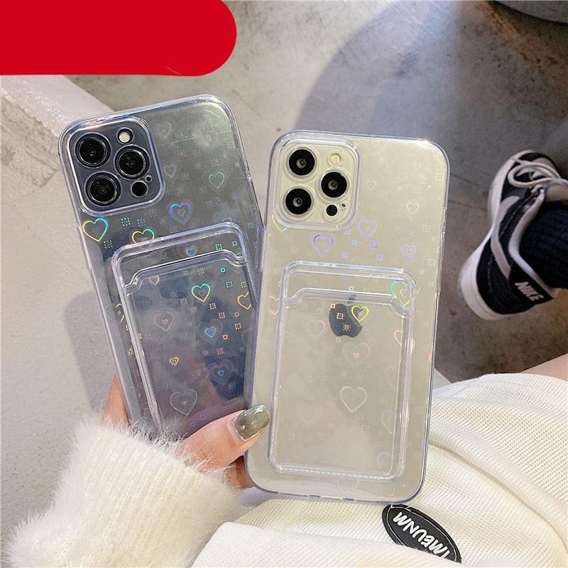 Coque transparente holographique mignonne avec motif cœur et porte-cartes, coque souple transparente à dégradé d'amour pour iPhone 14 13 11 12 Pro Max Mini X XS XR 7 8 Plus, étui portefeuille avec porte-cartes