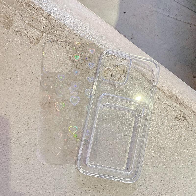 Coque transparente holographique mignonne avec motif cœur et porte-cartes, coque souple transparente à dégradé d'amour pour iPhone 14 13 11 12 Pro Max Mini X XS XR 7 8 Plus, étui portefeuille avec porte-cartes