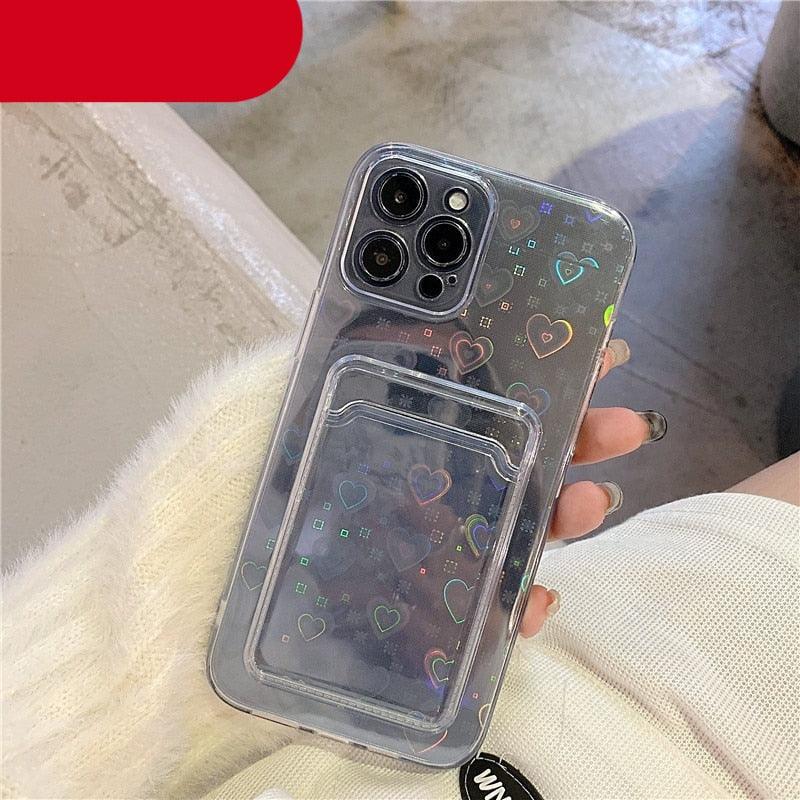 Coque transparente holographique mignonne avec motif cœur et porte-cartes, coque souple transparente à dégradé d'amour pour iPhone 14 13 11 12 Pro Max Mini X XS XR 7 8 Plus, étui portefeuille avec porte-cartes