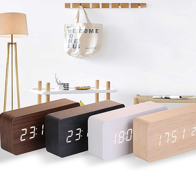 Horloge LED en bois, réveil, montre en bois, nouvelle version, horloge de bureau numérique, luminosité réglable, heure d'alarme, affiche l'heure, la date, la température, la table, contrôle vocal, horloge de bureau électronique numérique en bois