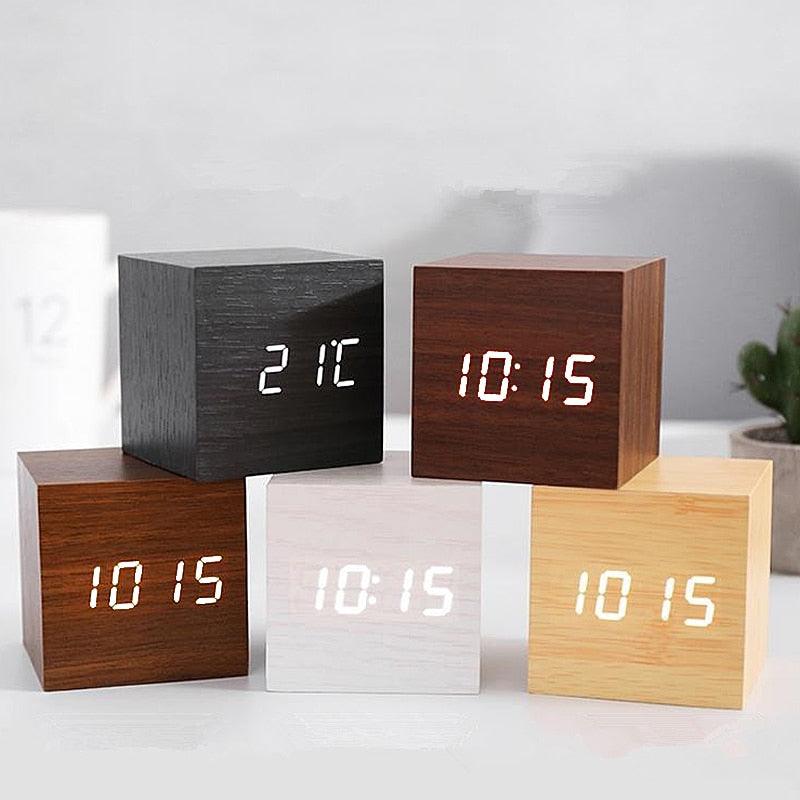 Horloge LED en bois, réveil, montre en bois, nouvelle version, horloge de bureau numérique, luminosité réglable, heure d'alarme, affiche l'heure, la date, la température, la table, contrôle vocal, horloge de bureau électronique numérique en bois