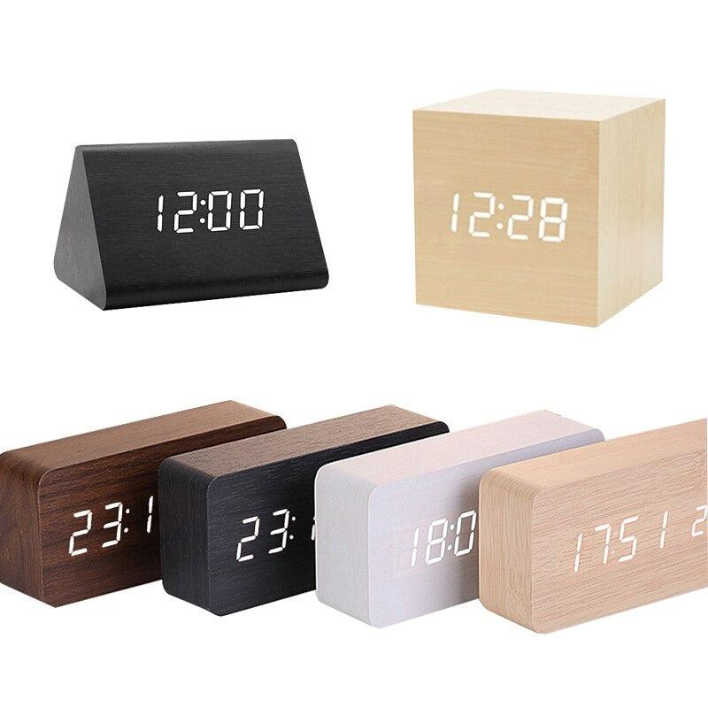 Horloge LED en bois, réveil, montre en bois, nouvelle version, horloge de bureau numérique, luminosité réglable, heure d'alarme, affiche l'heure, la date, la température, la table, contrôle vocal, horloge de bureau électronique numérique en bois