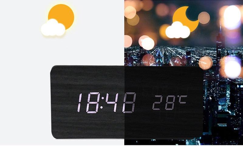 Horloge LED en bois, réveil, montre en bois, nouvelle version, horloge de bureau numérique, luminosité réglable, heure d'alarme, affiche l'heure, la date, la température, la table, contrôle vocal, horloge de bureau électronique numérique en bois