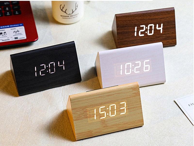 Horloge LED en bois, réveil, montre en bois, nouvelle version, horloge de bureau numérique, luminosité réglable, heure d'alarme, affiche l'heure, la date, la température, la table, contrôle vocal, horloge de bureau électronique numérique en bois