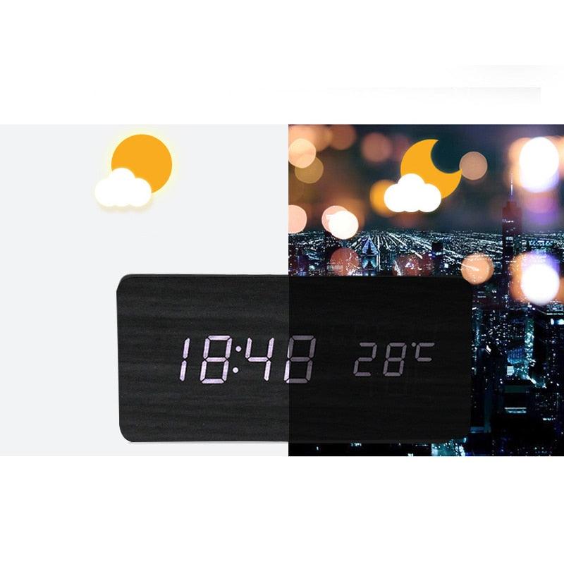 Horloge LED en bois, réveil, montre en bois, nouvelle version, horloge de bureau numérique, luminosité réglable, heure d'alarme, affiche l'heure, la date, la température, la table, contrôle vocal, horloge de bureau électronique numérique en bois