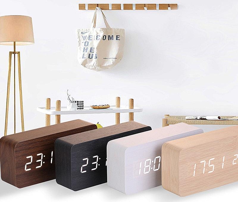 Horloge LED en bois, réveil, montre en bois, nouvelle version, horloge de bureau numérique, luminosité réglable, heure d'alarme, affiche l'heure, la date, la température, la table, contrôle vocal, horloge de bureau électronique numérique en bois