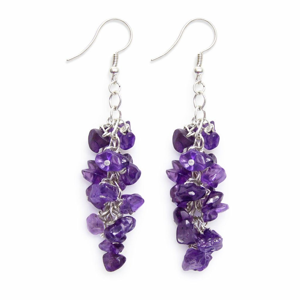 Boucles d'oreilles en argent sterling avec grappe d'améthyste enroulée de fil