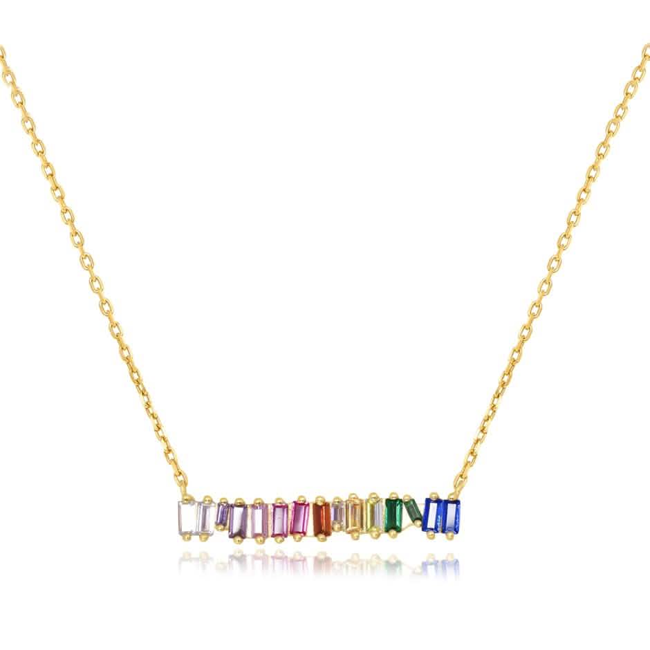 Collier barre baguette arc-en-ciel grappes