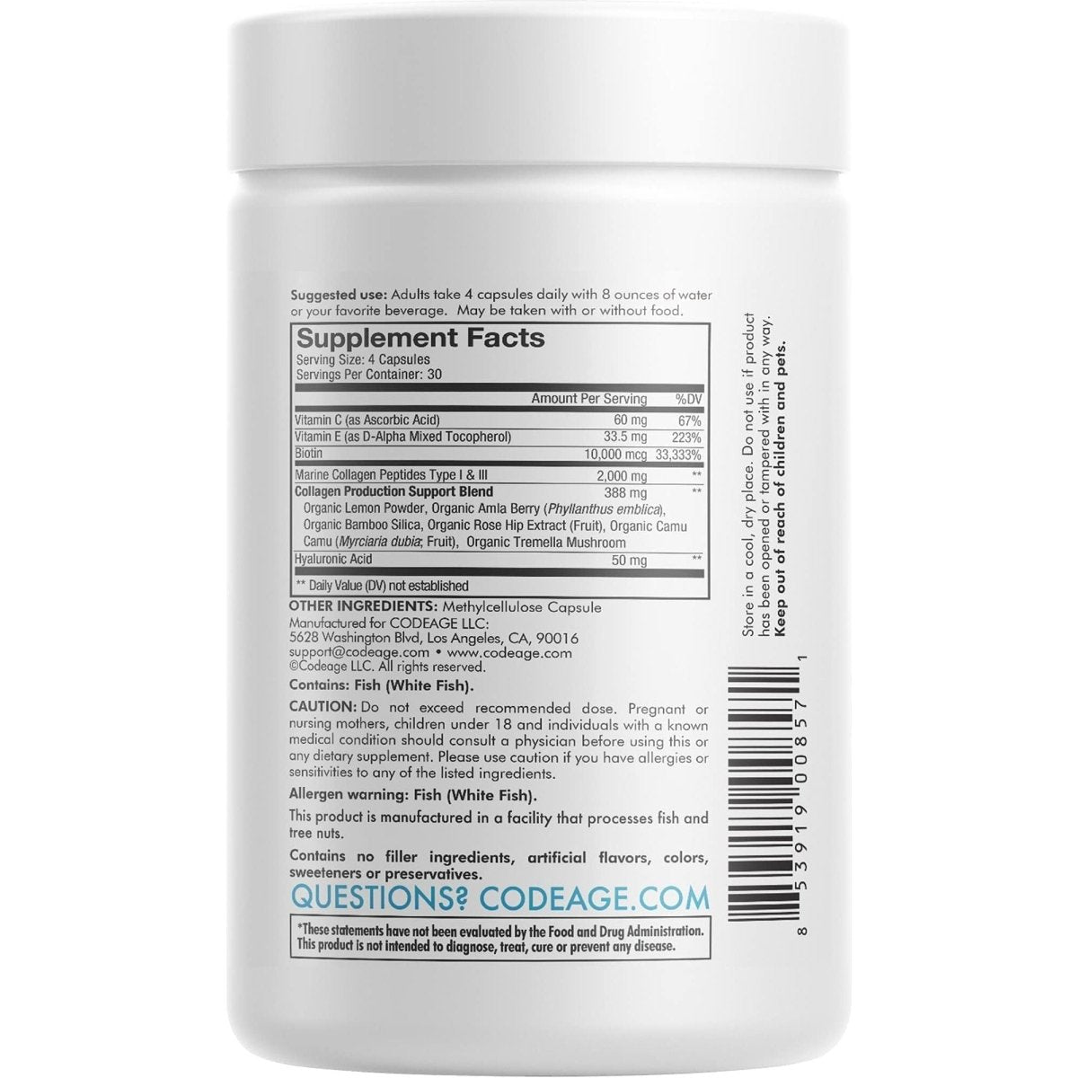 Codeage - Collagène Marin Biotine Types I et III Pêche Sauvage - 120 Gélules