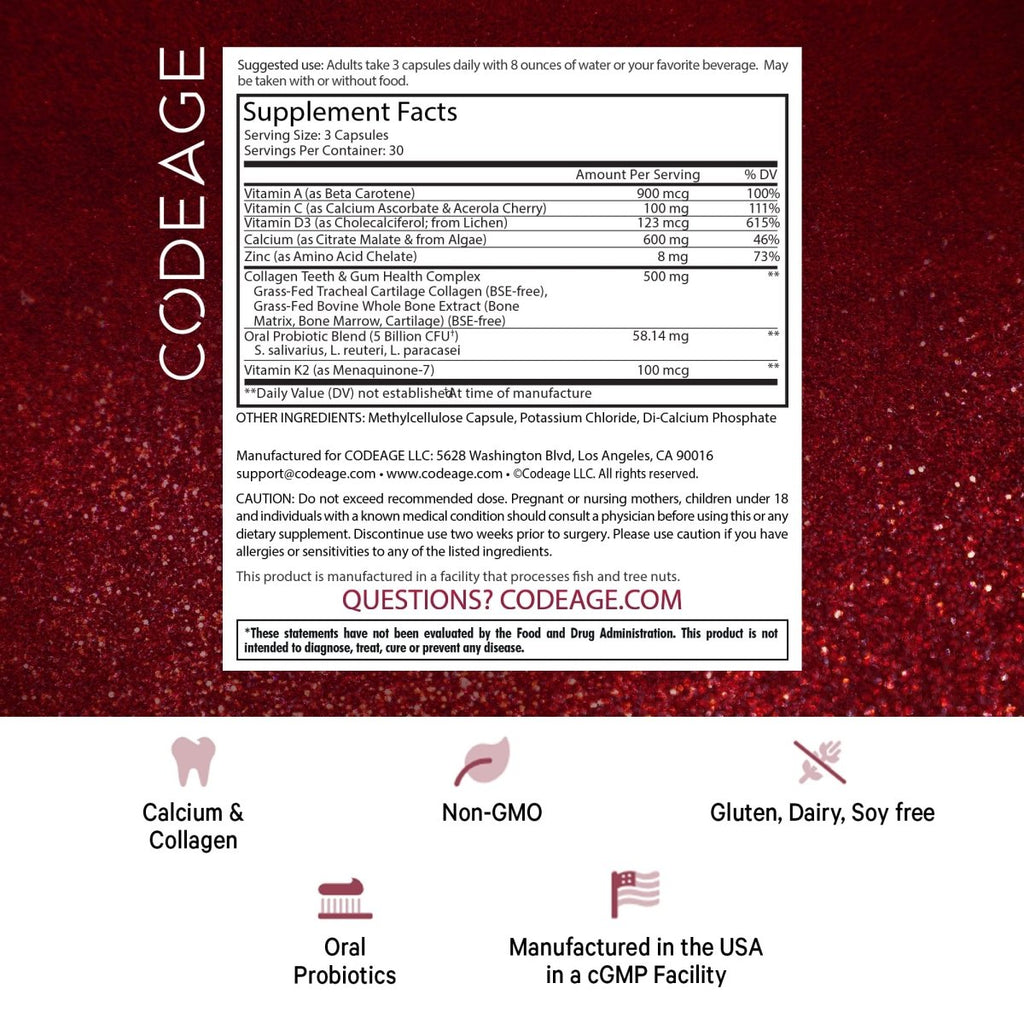Codeage - Vitamines Dents & Gencives + Probiotiques Buccaux Complément Soin Bouche - 90 Capsules