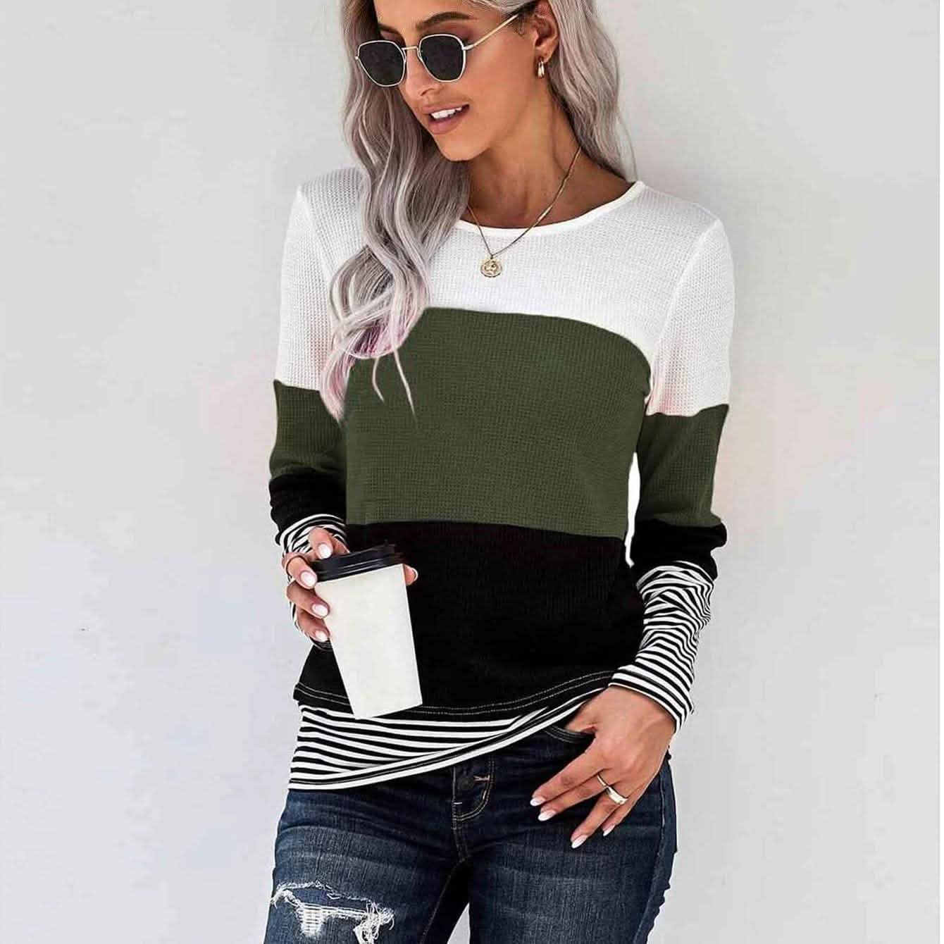 T-shirt en maille gaufrée avec empiècements rayés color block