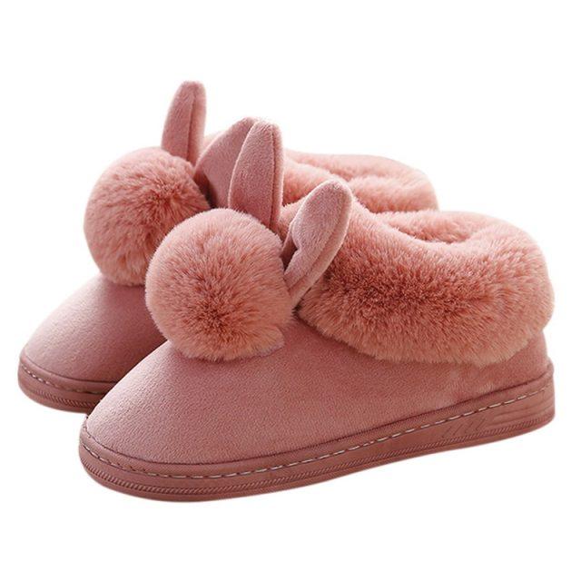 Chaussons en coton confortables pour femme, hiver, oreilles de lapin, pantoufles d'intérieur chaudes, chaussures chaudes d'hiver, mignonnes pantoufles en peluche pour femme, pantoufles d'intérieur chaudes en molleton, bottes d'hiver pour chambre.