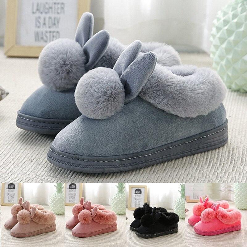 Chaussons en coton confortables pour femme, hiver, oreilles de lapin, pantoufles d'intérieur chaudes, chaussures chaudes d'hiver, mignonnes pantoufles en peluche pour femme, pantoufles d'intérieur chaudes en molleton, bottes d'hiver pour chambre.