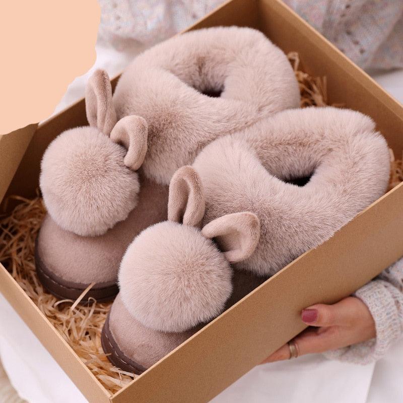Chaussons en coton confortables pour femme, hiver, oreilles de lapin, pantoufles d'intérieur chaudes, chaussures chaudes d'hiver, mignonnes pantoufles en peluche pour femme, pantoufles d'intérieur chaudes en molleton, bottes d'hiver pour chambre.