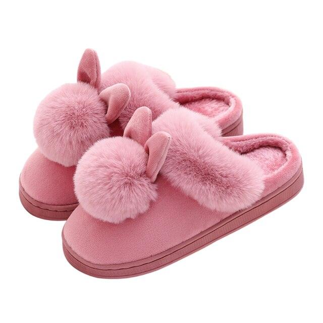 Chaussons en coton confortables pour femme, hiver, oreilles de lapin, pantoufles d'intérieur chaudes, chaussures chaudes d'hiver, mignonnes pantoufles en peluche pour femme, pantoufles d'intérieur chaudes en molleton, bottes d'hiver pour chambre.