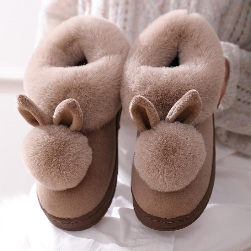 Chaussons en coton confortables pour femme, hiver, oreilles de lapin, pantoufles d'intérieur chaudes, chaussures chaudes d'hiver, mignonnes pantoufles en peluche pour femme, pantoufles d'intérieur chaudes en molleton, bottes d'hiver pour chambre.