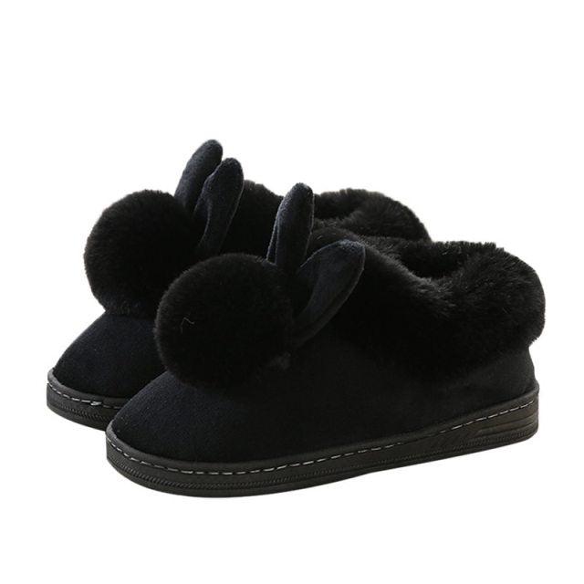 Chaussons en coton confortables pour femme, hiver, oreilles de lapin, pantoufles d'intérieur chaudes, chaussures chaudes d'hiver, mignonnes pantoufles en peluche pour femme, pantoufles d'intérieur chaudes en molleton, bottes d'hiver pour chambre.