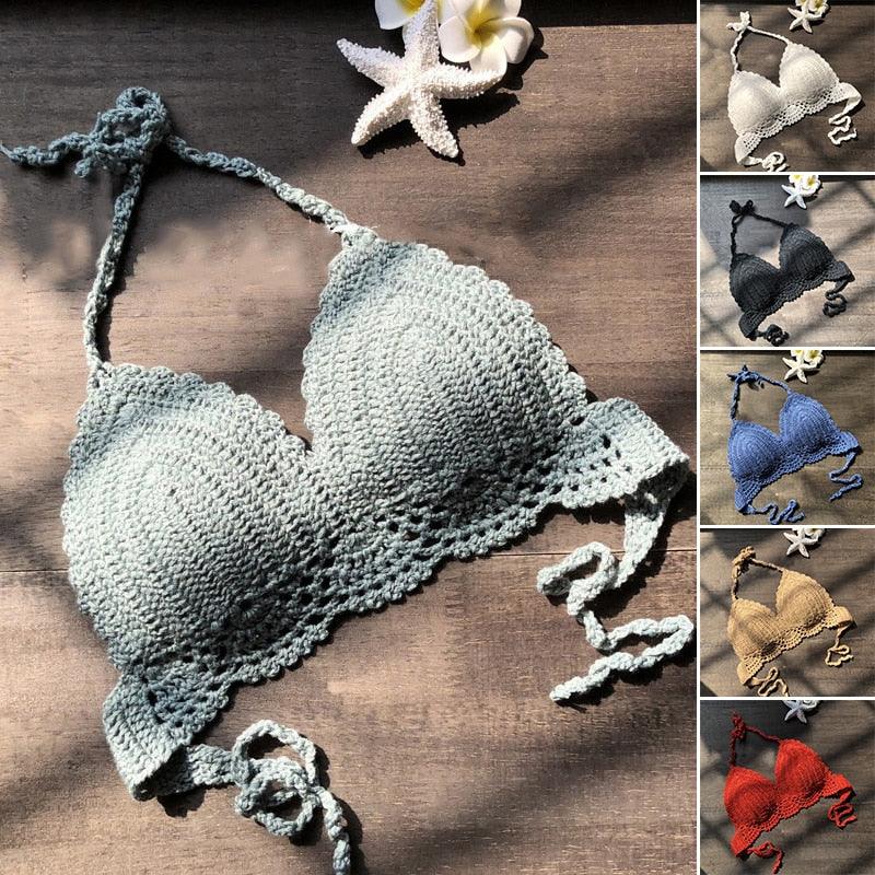 Soutien-gorge bikini confortable pour l'été, maillot de bain respirant, bikini, haut court de plage en crochet, débardeur licou pour l'été, tricot de plage décontracté, nouveau soutien-gorge tricoté à la mode