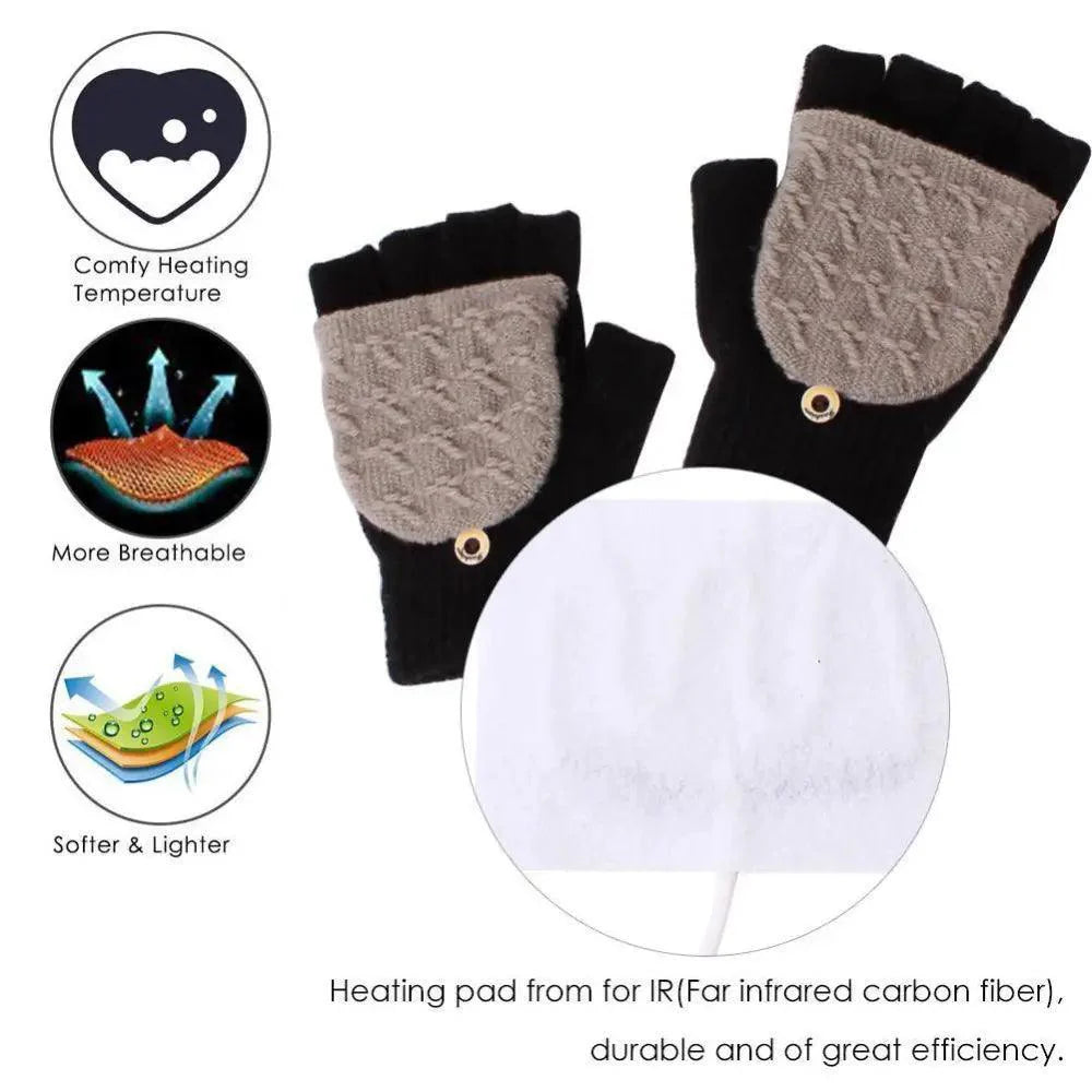 Gants d'hiver chauffants USB confortables et chauds, chauffe-mains, mitaines sans doigts, demi-gants chauffants électriques doux pour ordinateur portable, chauffe-mains doux