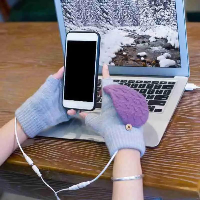Gants d'hiver chauffants USB confortables et chauds, chauffe-mains, mitaines sans doigts, demi-gants chauffants électriques doux pour ordinateur portable, chauffe-mains doux