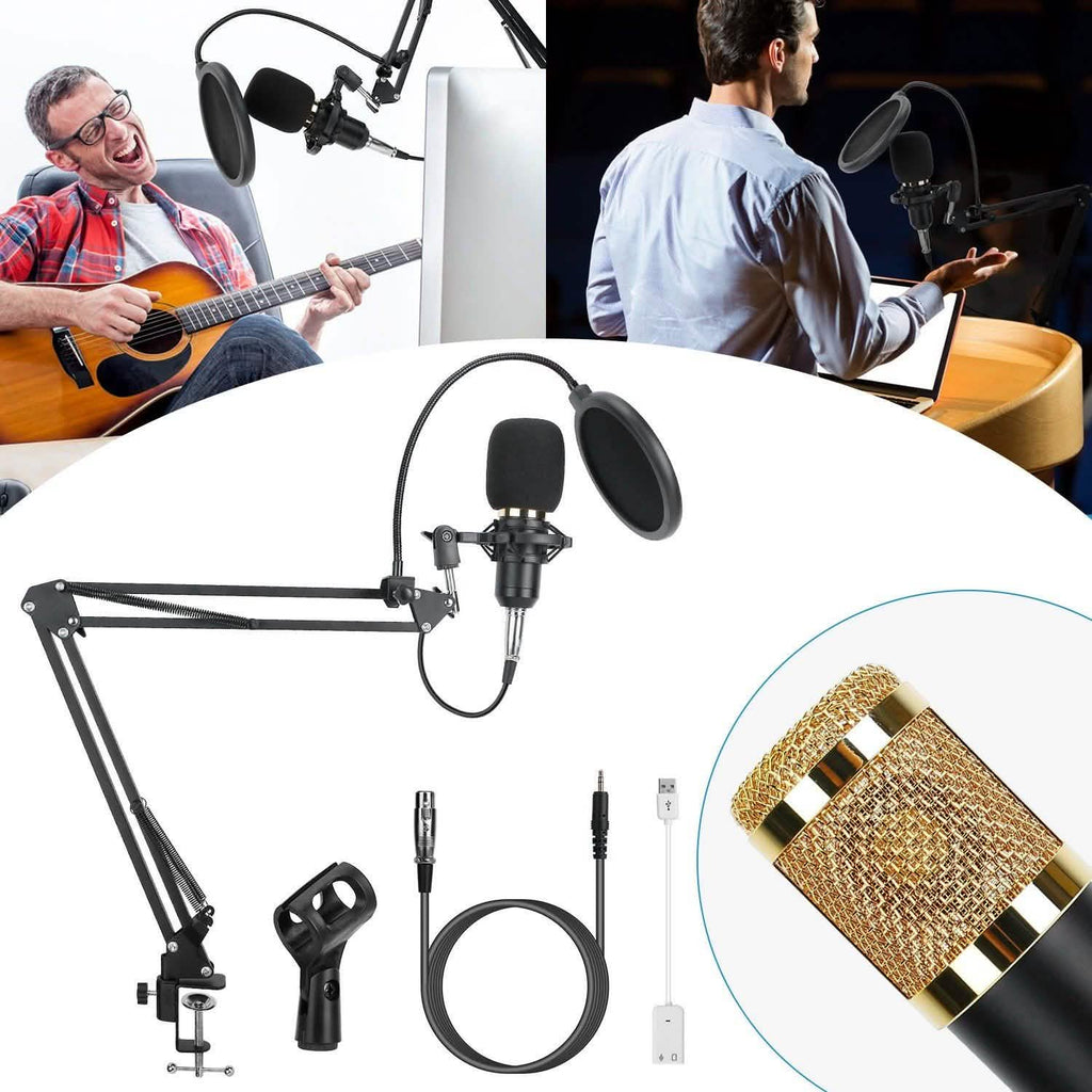 Microphone à condensateur avec support antichoc et bras articulé réglable, carte son