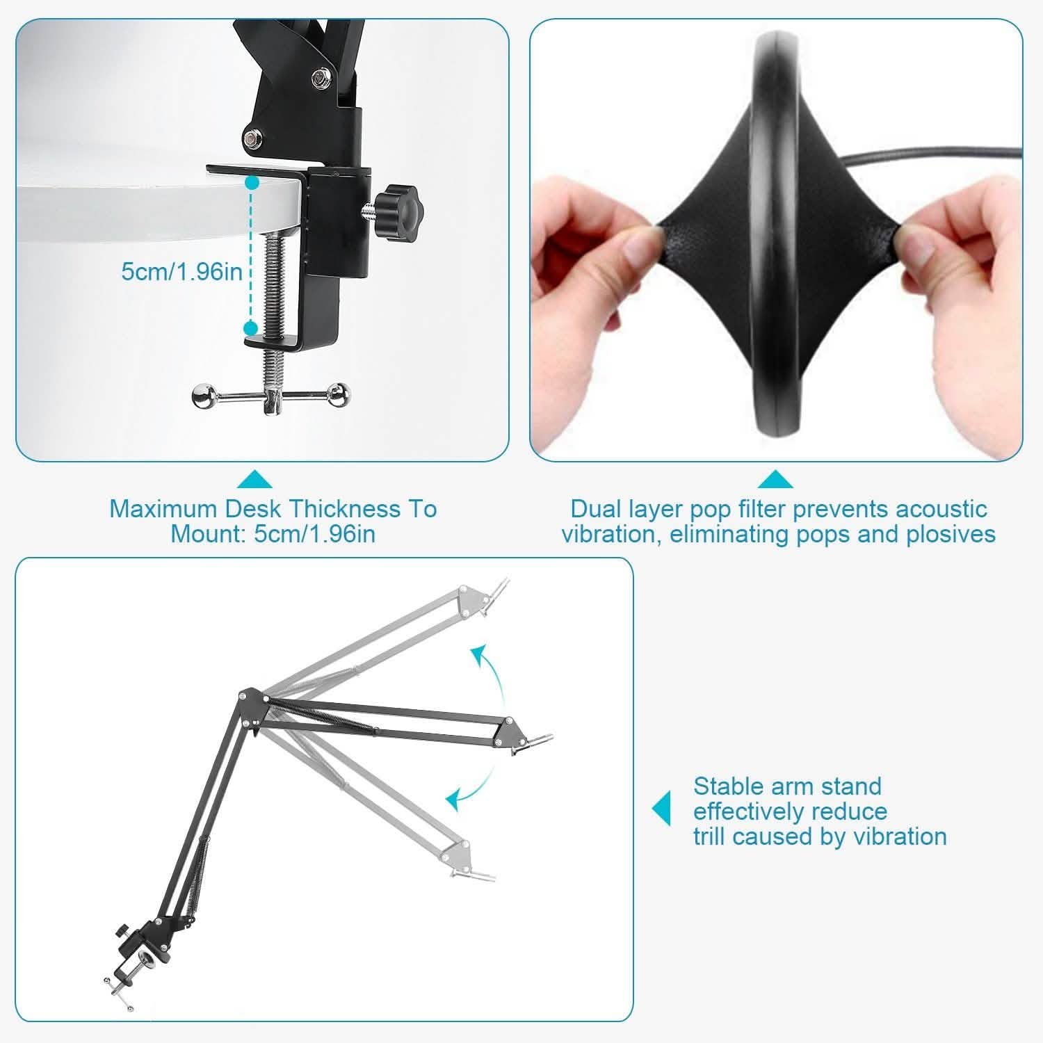 Microphone à condensateur avec support antichoc et bras articulé réglable, carte son