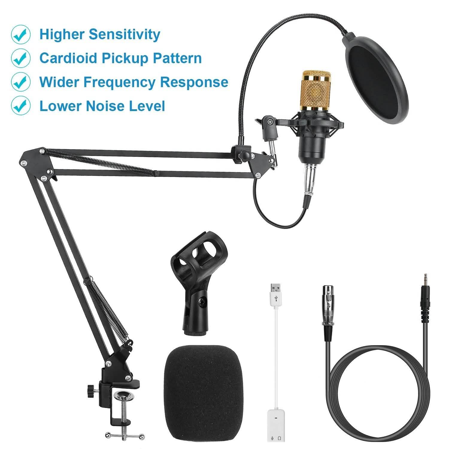 Microphone à condensateur avec support antichoc et bras articulé réglable, carte son