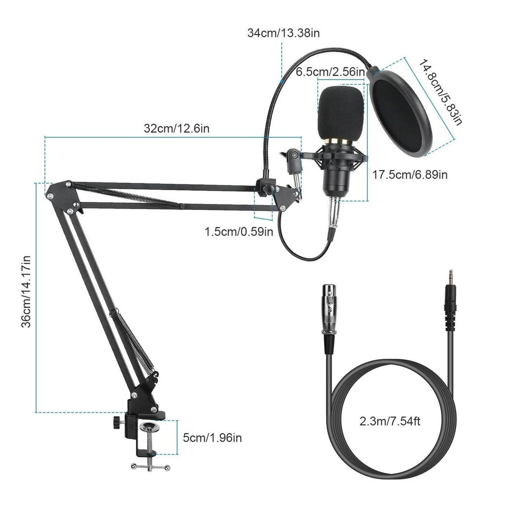 Microphone à condensateur avec support antichoc et bras articulé réglable, carte son
