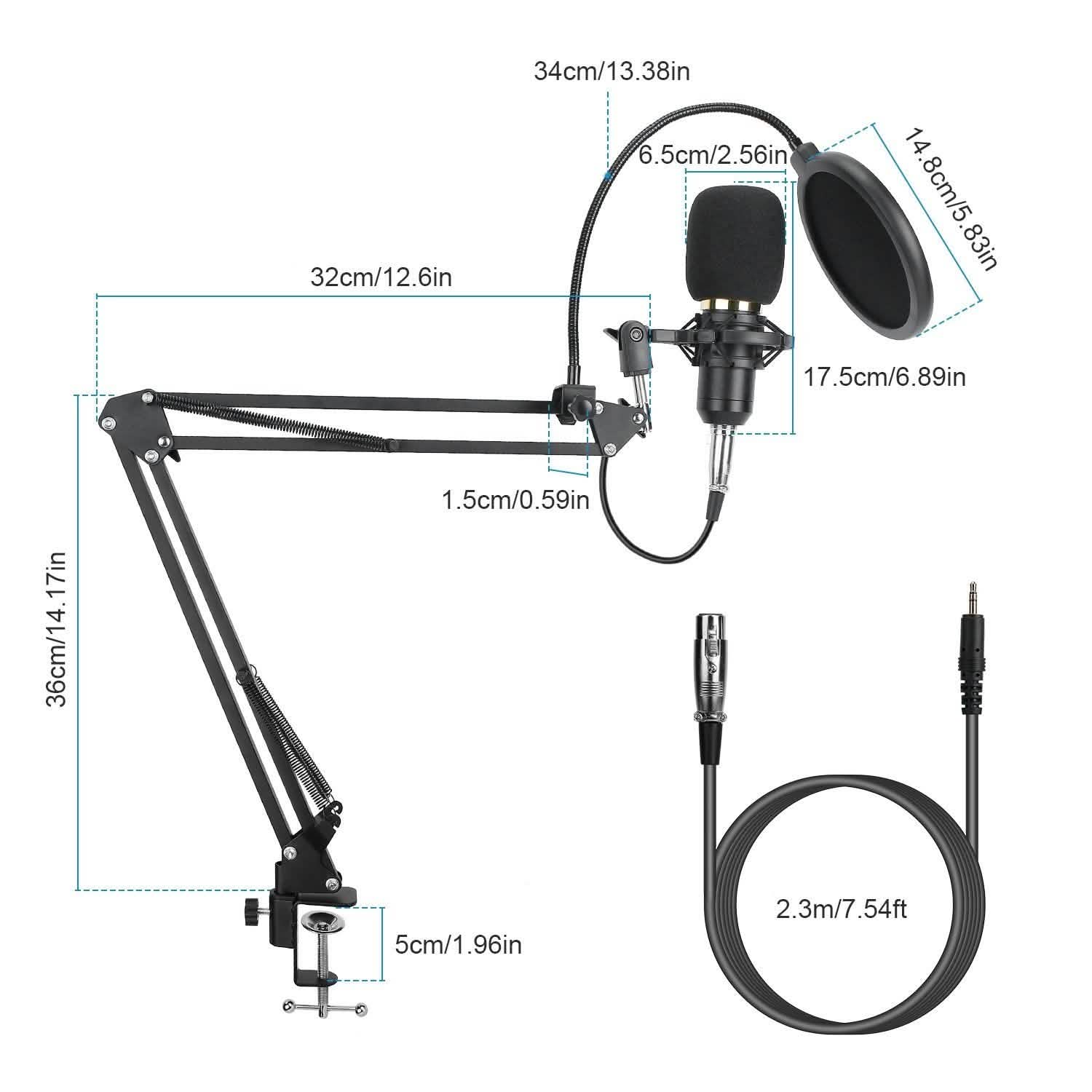 Microphone à condensateur avec support antichoc et bras articulé réglable, carte son