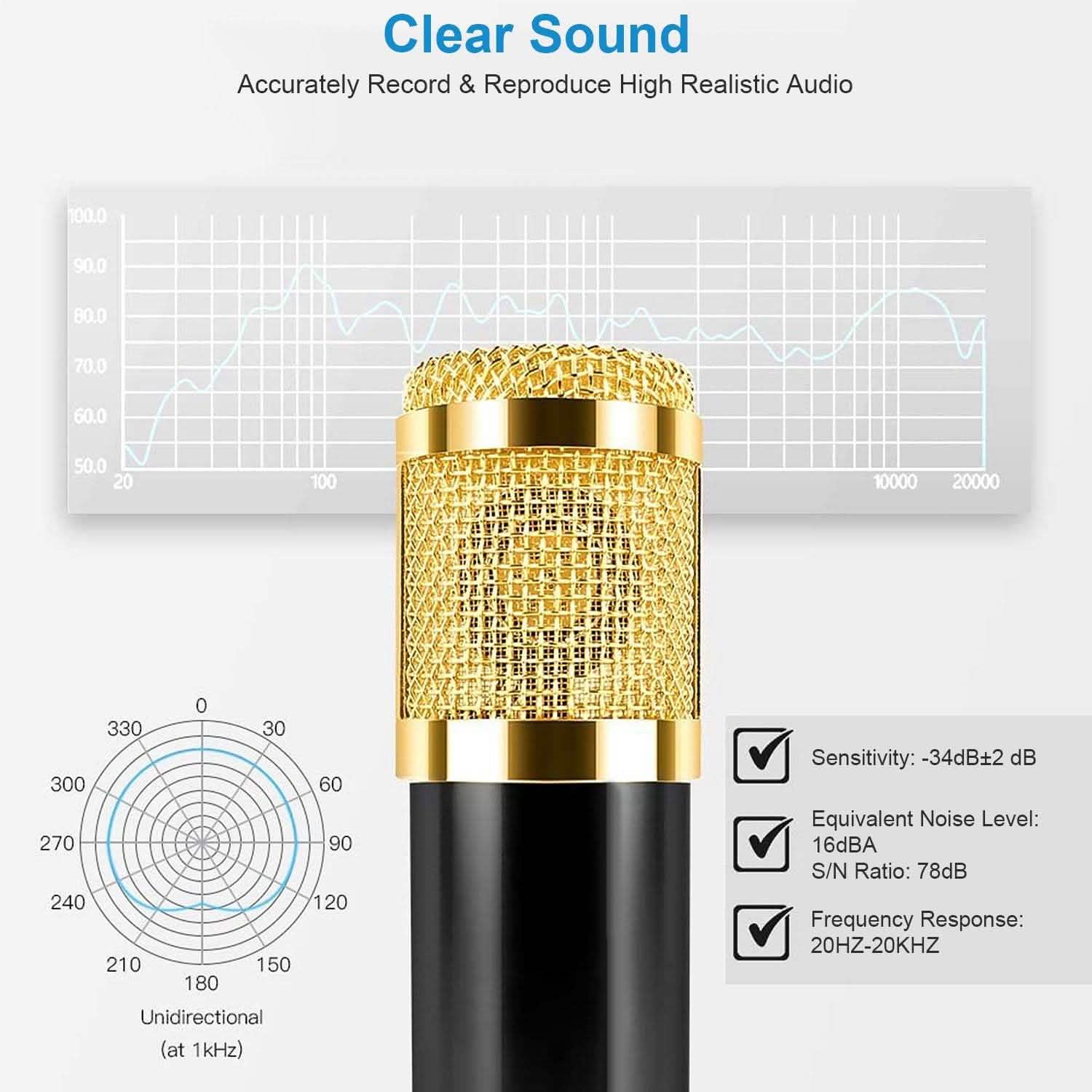 Microphone à condensateur avec support antichoc et bras articulé réglable, carte son