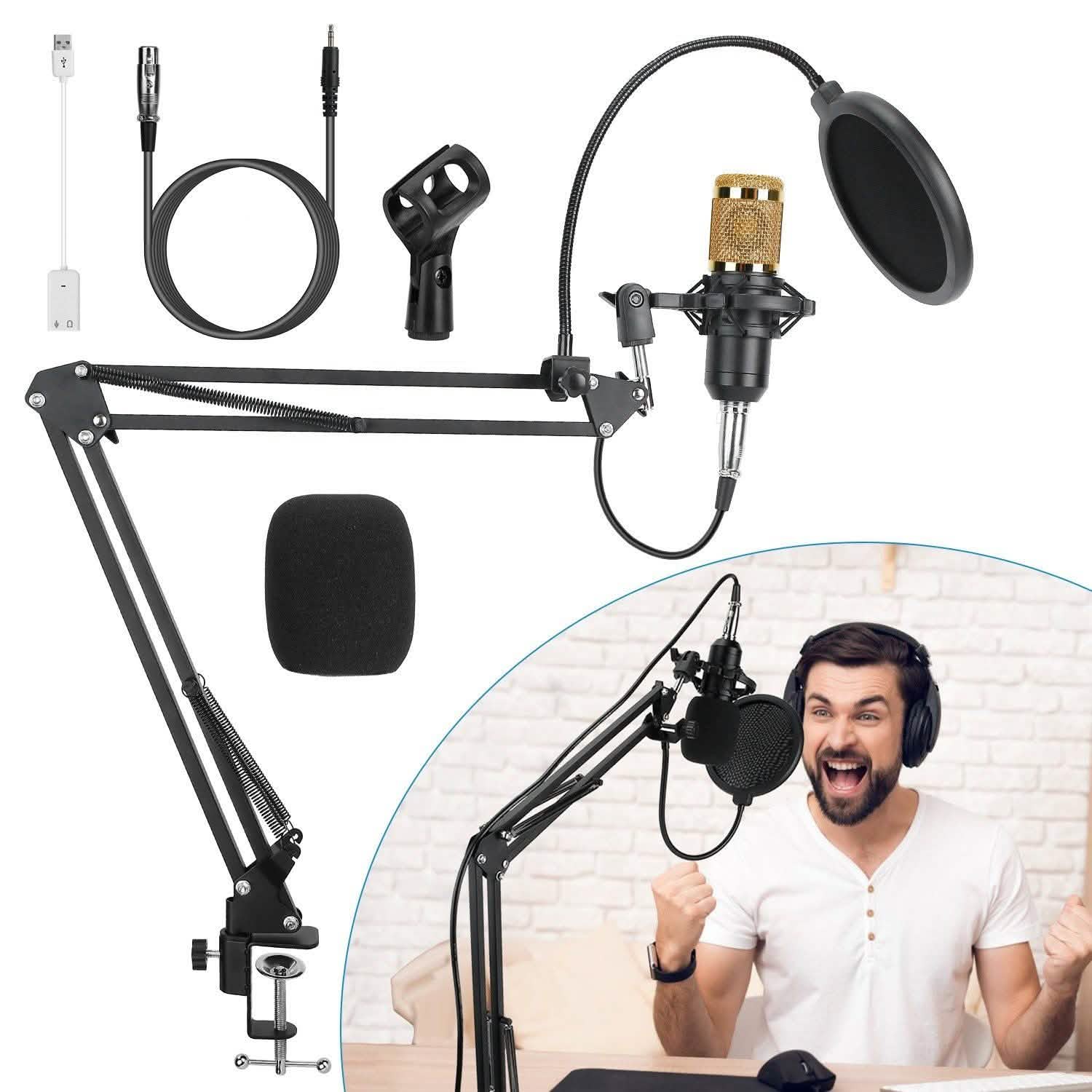 Microphone à condensateur avec support antichoc et bras articulé réglable, carte son