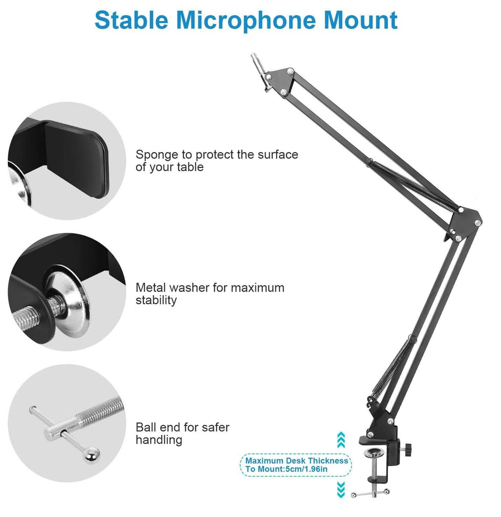 Microphone à condensateur avec support antichoc et bras articulé réglable, carte son