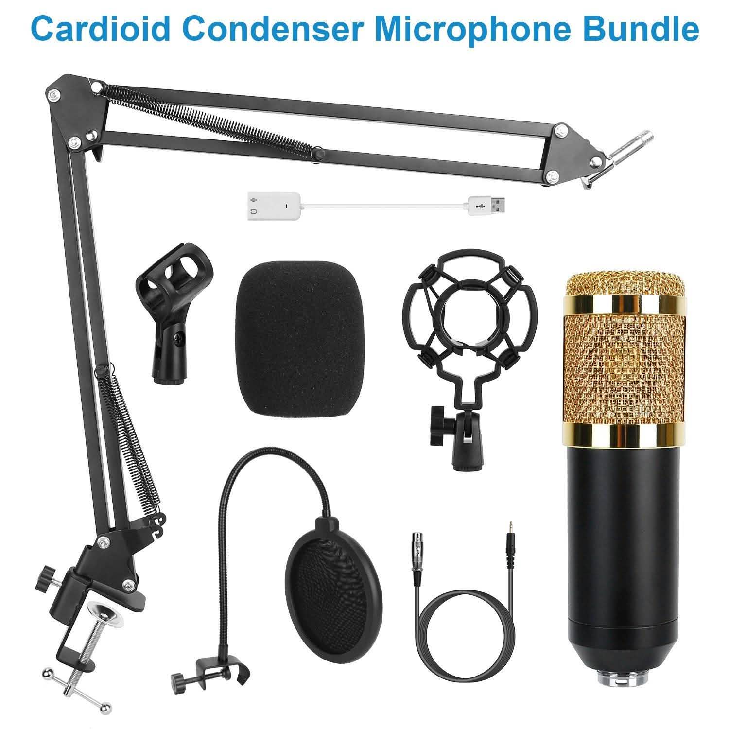 Microphone à condensateur avec support antichoc et bras articulé réglable, carte son