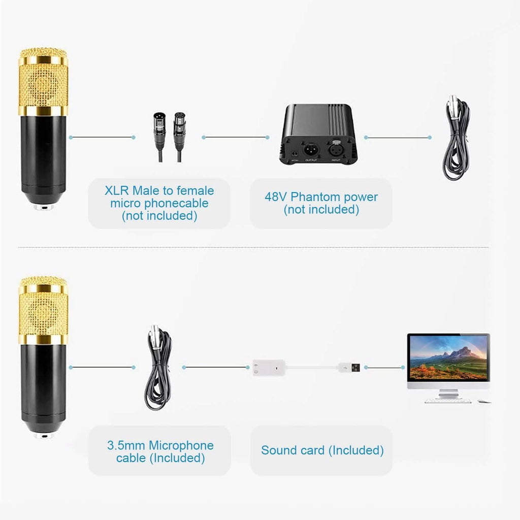 Microphone à condensateur avec support antichoc et bras articulé réglable, carte son