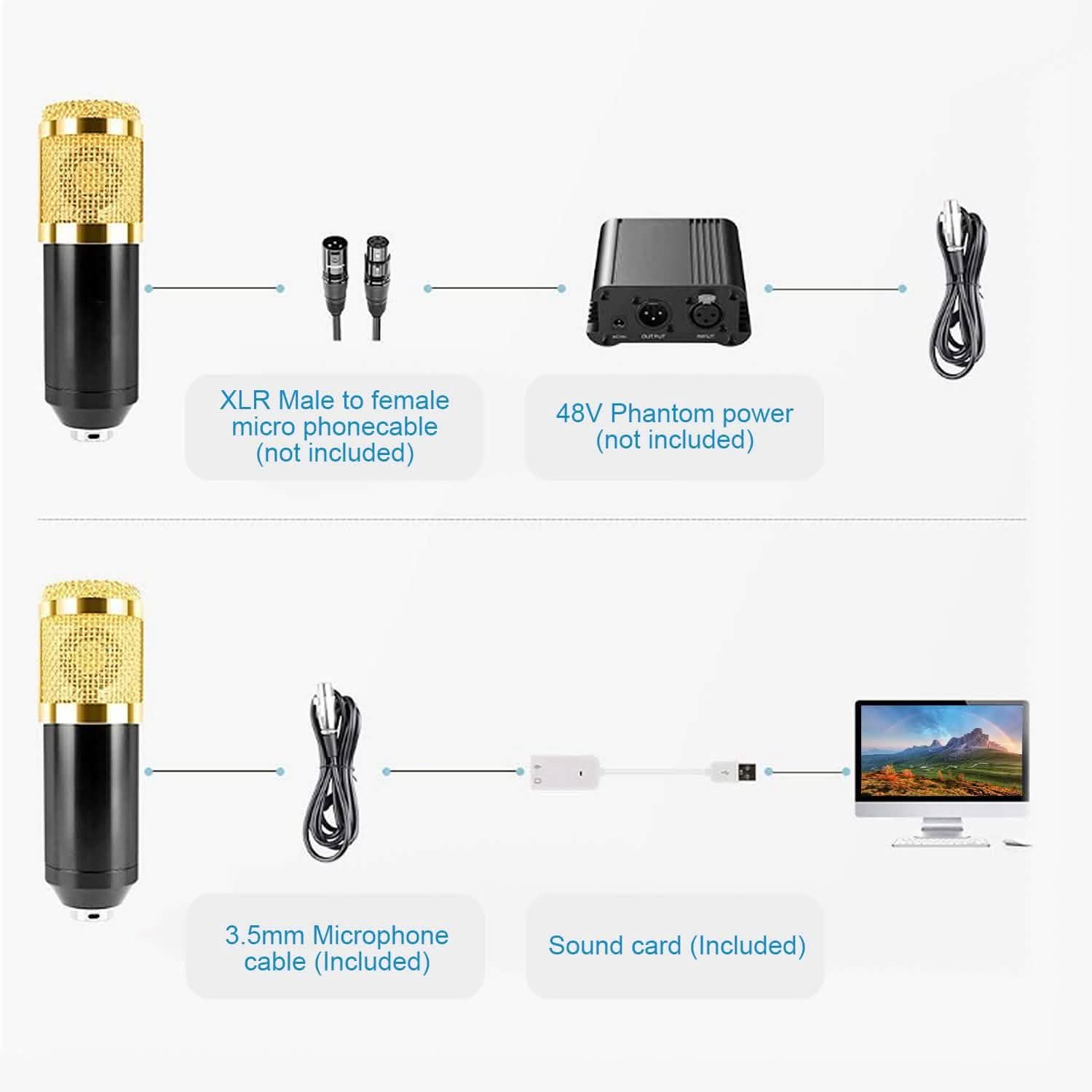 Microphone à condensateur avec support antichoc et bras articulé réglable, carte son