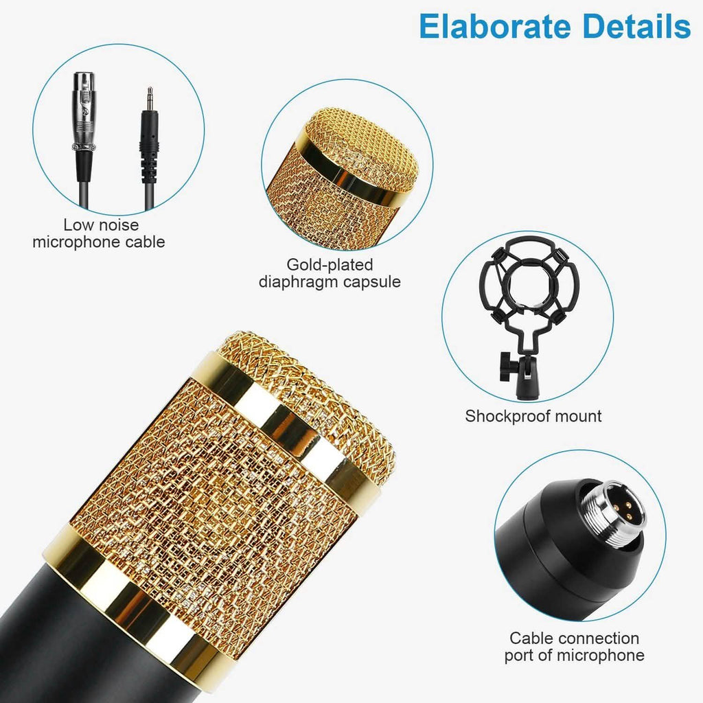 Microphone à condensateur avec support antichoc et bras articulé réglable, carte son