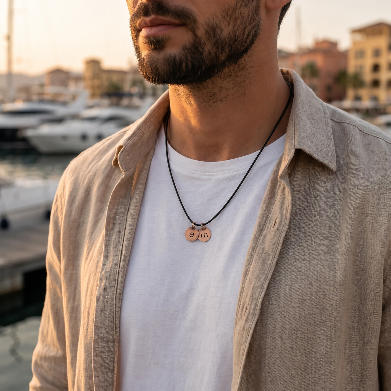 Collier Initial Personnalisé en Cuivre pour Homme – Collier Cordon en Cuir Estampillé à la Main – Bijou Initial Personnalisé Cadeau pour Lui