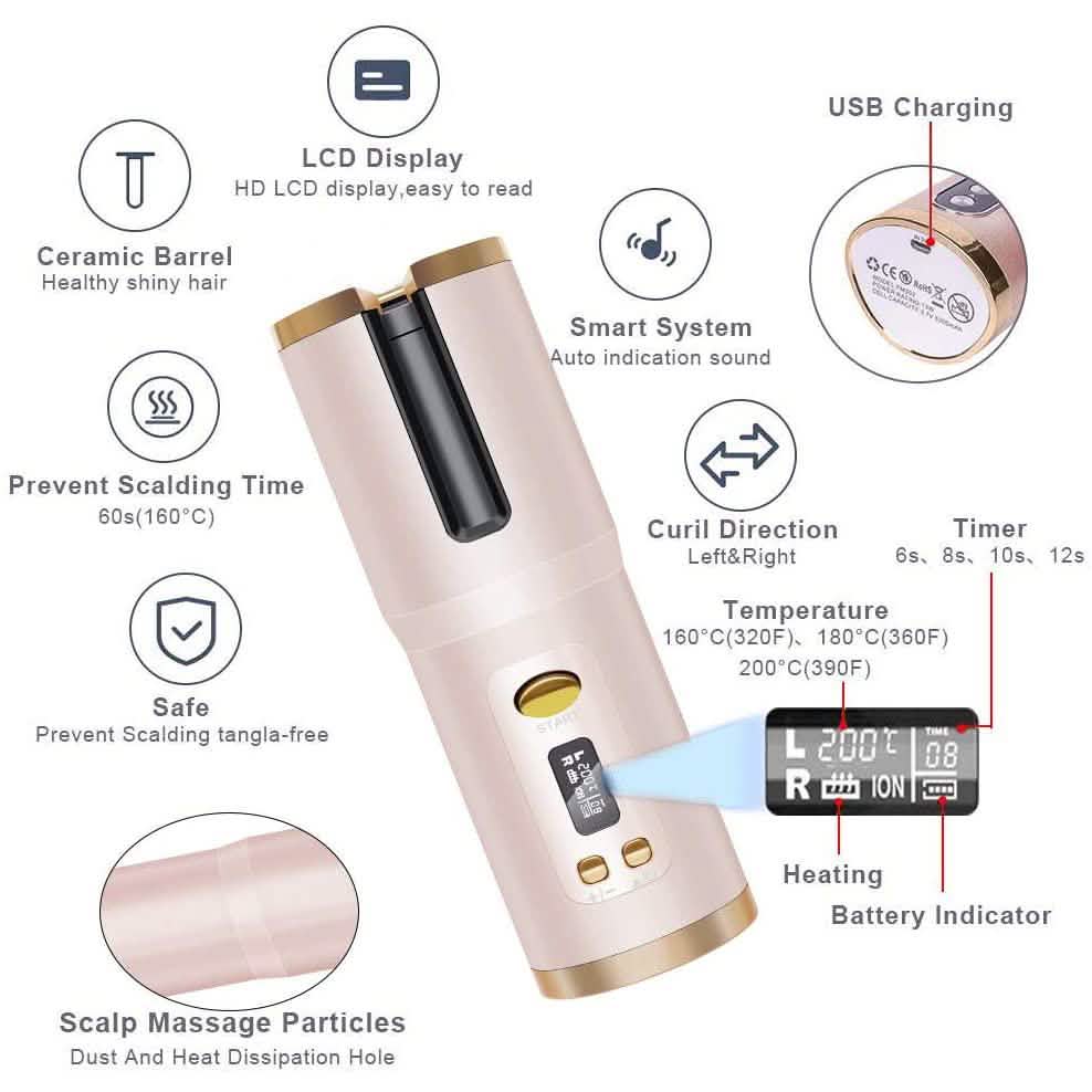 Bigoudi sans fil automatique et portable à cylindre en céramique