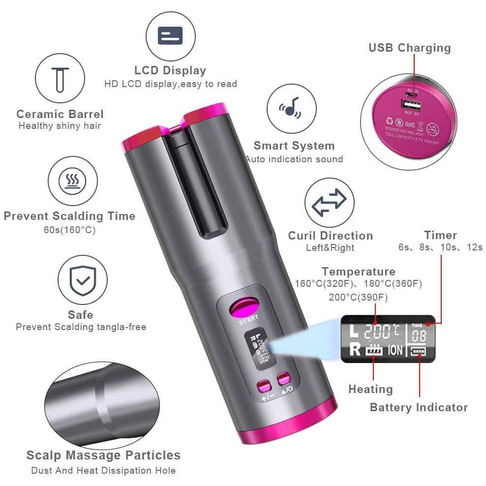Bigoudi sans fil automatique et portable à cylindre en céramique