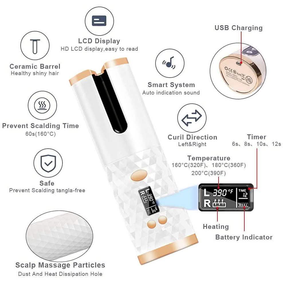 Bigoudi sans fil automatique et portable à cylindre en céramique