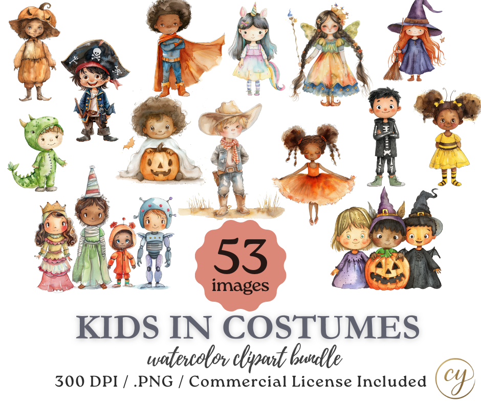 Pack de Clip Art Aquarelles Enfants Déguisés | 53 Fichiers PNG Mignons d'Enfants en Costumes d'Halloween