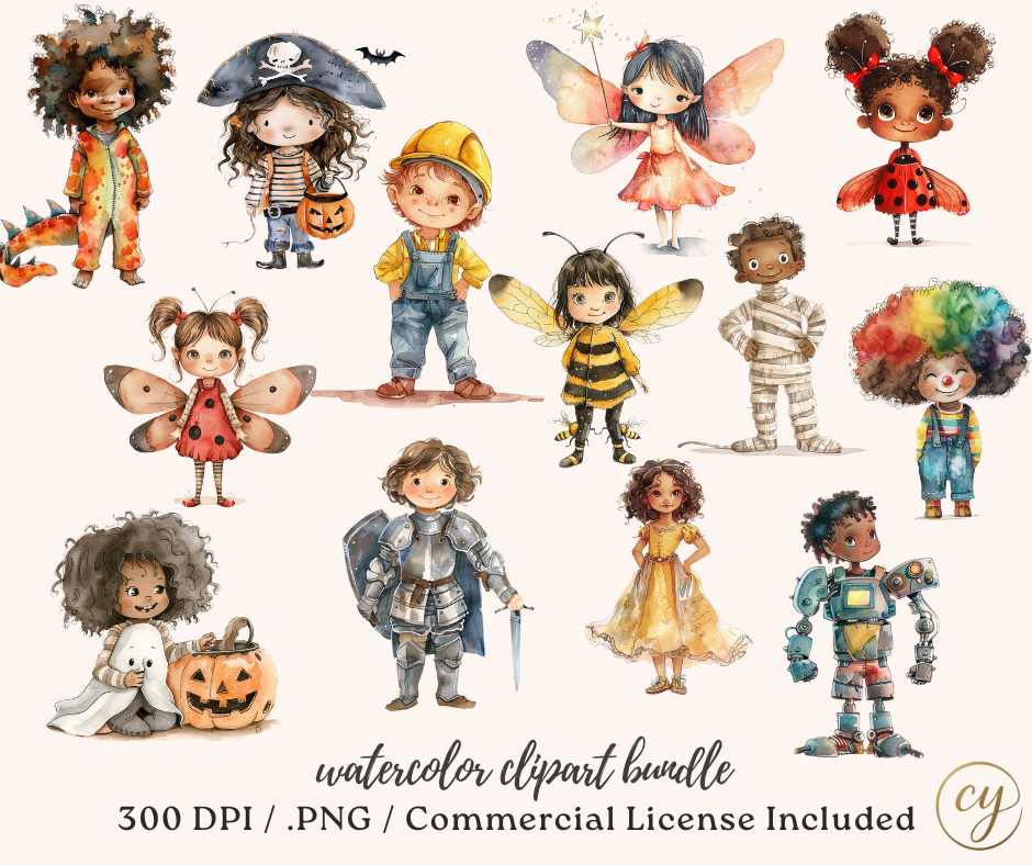 Pack de Clip Art Aquarelles Enfants Déguisés | 53 Fichiers PNG Mignons d'Enfants en Costumes d'Halloween