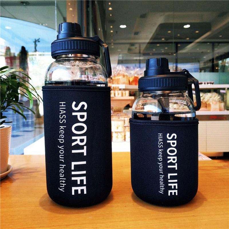 Bouteilles d'eau créatives en verre pour le camping, la randonnée, l'escalade, bouteille de sport portable, vaisselle, bouteille d'eau en verre à large ouverture écologique, bouteilles d'eau de sport réutilisables pour la gym et la randonnée